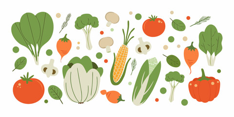 A vibrant collection of fresh vegetables and herbs arranged in a playful and colorful flat design style