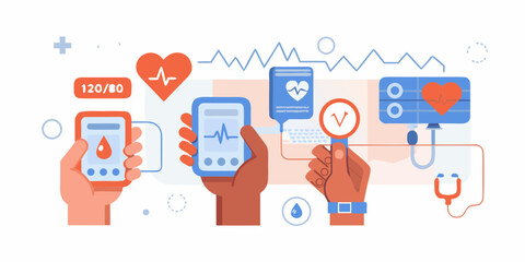Illustration of hands holding medical devices for monitoring vital signs like blood pressure and heart rate
