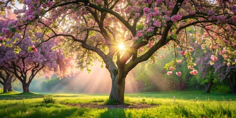 Fototapeta premium Radiant Dawn A Majestic Blossom Tree Bathed in Golden Sunlight, Surrounded by a Serene Spring Meadow