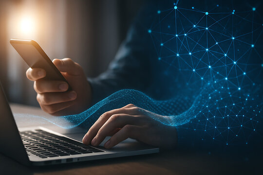 A person is using a laptop and a smartphone with a glowing blue digital data wave flowing between them, symbolizing data transfer and connectivity - Powered by Adobe