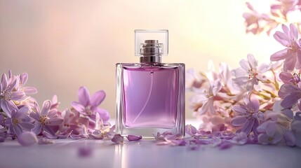 Elegant Perfume Bottle Surrounded by Delicate Purple Flowers and Petals.