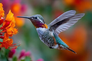 Fototapeta premium Rufous hummingbird feeding on orange flowers with a blurred background