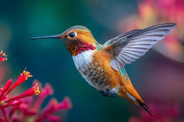 Fototapeta premium Rufous hummingbird in flight near red flowers with a blurred background