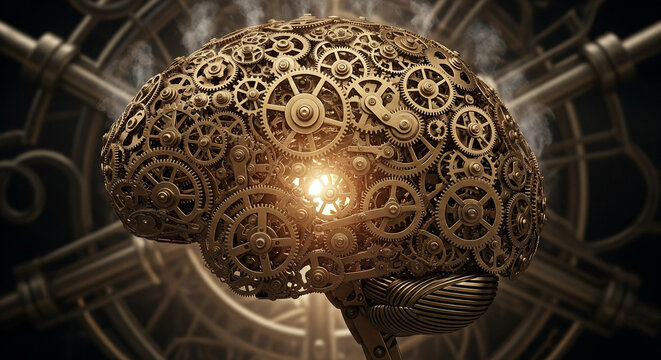 A mechanical brain made of intricate steampunk gears glows from within, representing complex thought processes and intellectual machinery.