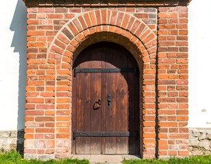Old wooden door in brick archway