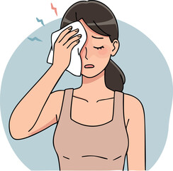 Woman wiping sweat with towel after exercise feeling hot and tired in warm weather vector illustration