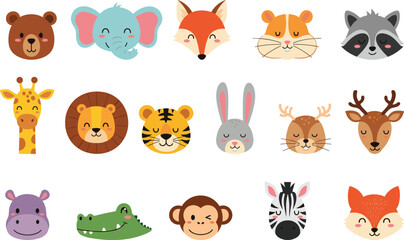 Cartoon animal face vector set, cute character grid for kids, educational design for nursery, children’s book, decor, clipart