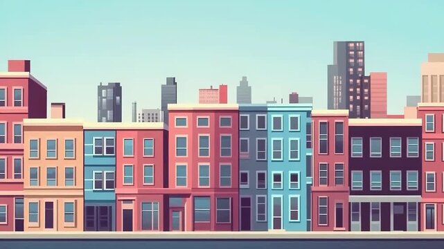 Flying squirrel gliding over colorful city buildings and skyscrapers