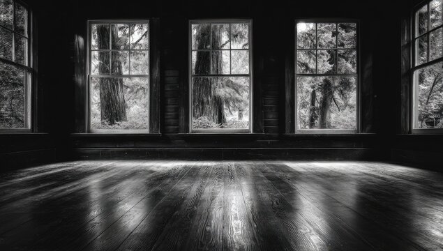 Dark interior with large windows showcasing a forest