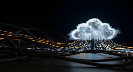 Cloud Computing Network with Glowing Data Flow and Tangled Cables