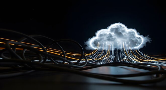 Cloud Computing Network with Glowing Data Flow and Tangled Cables