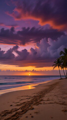 Tropical beach sunset with dramatic purple and orange clouds over the ocean and palm trees