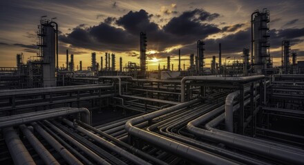 Fototapeta premium Dramatic Sunset Over a Vast Industrial Oil Refinery with Intricate Pipeline Network and Silhouetted Towers