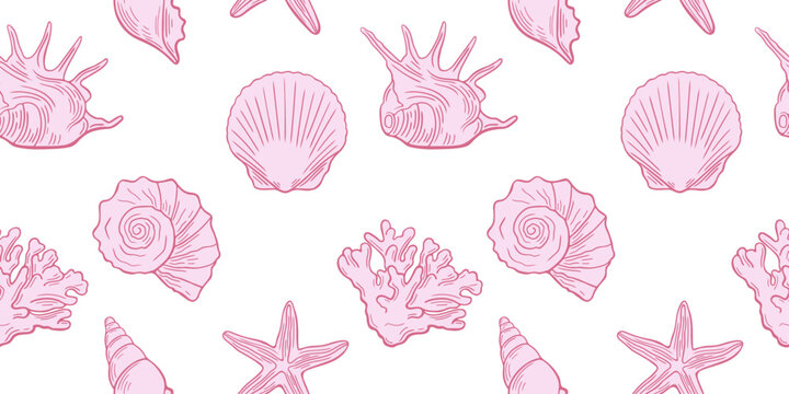 Hand drawn marine life background with pink seashells, coastal, starfish. Seamless coastal pattern. Summer wallpaper, cover, nautical backdrop, textile design, fabric print, wrapping paper. 