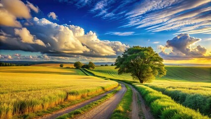 Obraz premium Serene Countryside Vista Rolling Fields, Dirt Road, and a Majestic Tree Under a Dramatic Sky