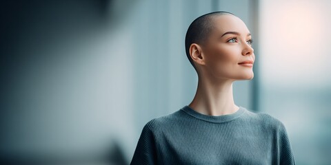 Confident woman with shaved head, wearing a cozy sweater, gazes thoughtfully out of a large window, reflecting a sense of calm and introspection in a modern environment