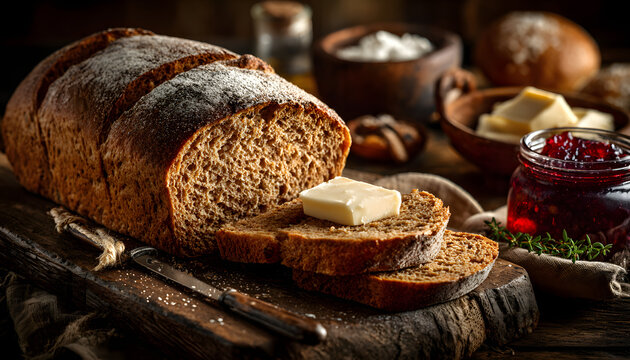 a freshly baked loaf of whole wheat bread sliced int thick pieces and arrangedon a wooden board with buter and jam nearby