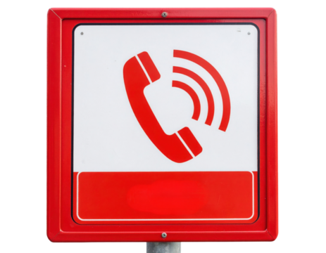 Red square emergency telephone sign featuring a handset with radiating sound waves.