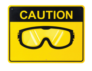 Yellow caution sign featuring safety goggles icon and the word "CAUTION