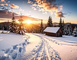Snowy Cabin Sunset Landscape