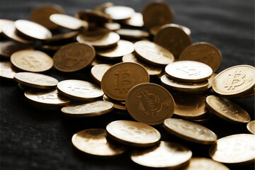 Floating Golden Bitcoin Coins on Dark Background
