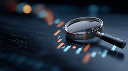 Magnifying Glass over Stock Market Symbols and Digital Financial Network