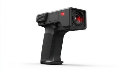 Black handheld camera, pistol-grip style, with red light