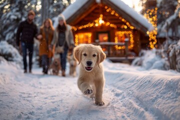 Golden Retriever Puppy Running in Snowy Winter Scene