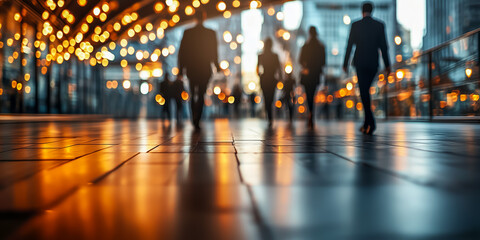 Business people walking in urban setting with vibrant lights