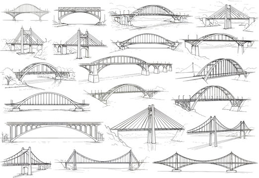 Collection of hand drawn architectural sketches illustrating diverse bridge designs and engineering structures in black and white