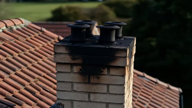 Brick Chimney With Black Exhaust Vent Pipes And Red Tile Roof On A Sunny Day