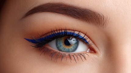 Obraz premium Close-up of a beautiful female eye with striking blue eyeliner, showcasing vibrant blue iris and long eyelashes, emphasizing beauty and makeup artistry in a captivating manner