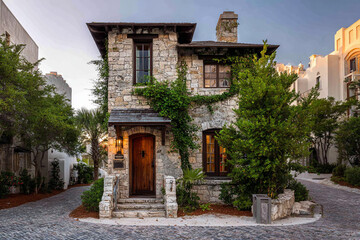 Obraz premium Charming stone cottage nestled in a quaint neighborhood beautiful landscaping and cobblestone streets