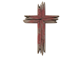 An antique, weathered wooden cross, painted with faded crimson hues, stands out against a stark black background.