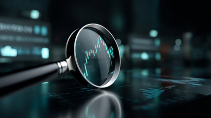 Futuristic Financial Data Analysis with Magnifying Glass and Stock Market Charts