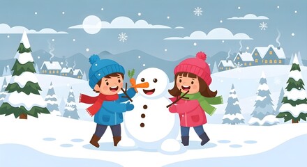 Fototapeta premium children playing with snow and make snowman