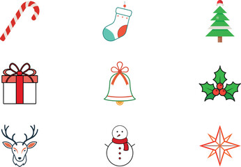 Christmas icons candy cane stocking tree gift bell holly snowman deer star vector