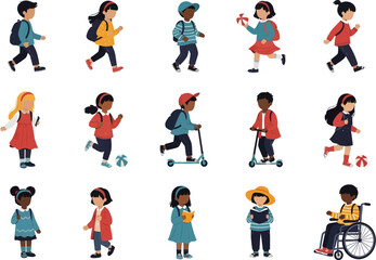 Diverse group of happy children with backpacks walking and riding scooters to school on a white background