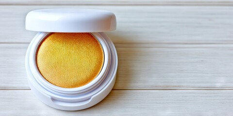 Round compact with golden shimmer makeup product, featuring a smooth texture, placed on a light wooden surface, showcasing beauty and cosmetic artistry in an elegant presentation