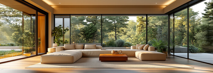 Fototapeta premium Modern living room with large windows overlooking nature
