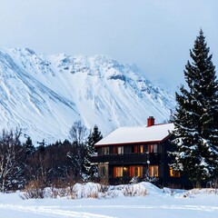 Snowy mountain cabin at dusk