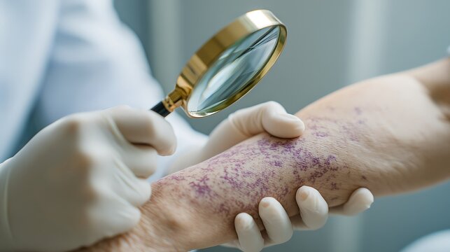  Adult Patient&rsquo;S Inner Forearm With Lichen Planus Purple Rash, Dermatologist Wearing Gloves Gently Examining With Magnifier Tool, Clean Sterile Clinic Environment