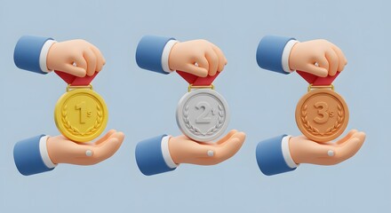 Award Medals Gold Silver Bronze Held by Cartoon Hands on Pale Blue Background