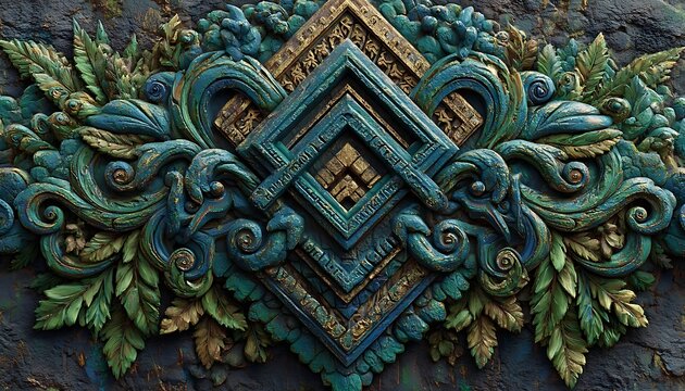 Runic glyph patterns with holographic teal shimmer on grunge stone texture