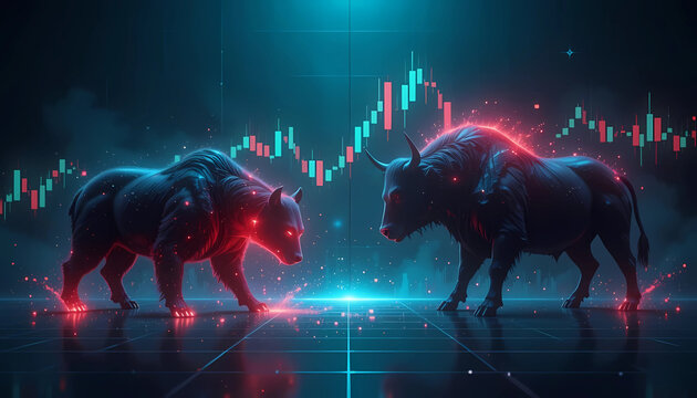Digital Bull and Bear Facing Each Other with Red Glowing Eyes and a Stock Market Candlestick Chart Background