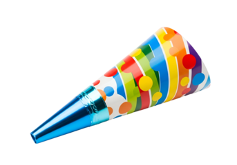 Colorful party horn, vibrant hues and patterns, against a black backdrop.