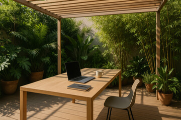 Fototapeta premium Modern outdoor workspace with a laptop and greenery around