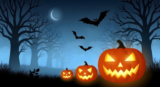 Spooky halloween night with carved pumpkins and flying bats under a crescent moon in a dark, eerie forest with silhouetted trees