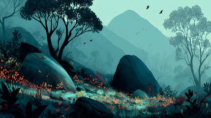 A stylized landscape painting depicting a misty mountain range, dark trees, and a large rock.