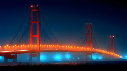 Obraz premium A suspension bridge at night, illuminated with orange and white lights, shrouded in fog.